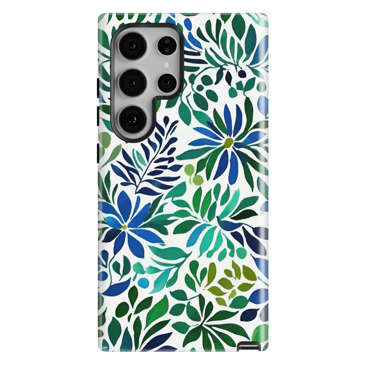 Samsung Galaxy case featuring blue flowers and green botanical leaves in a modern floral pattern.