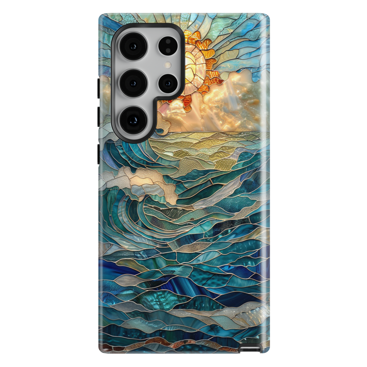 Ocean sunrise stained glass art phone case with blue waves and golden sun on a protective iPhone and Samsung Galaxy phone case