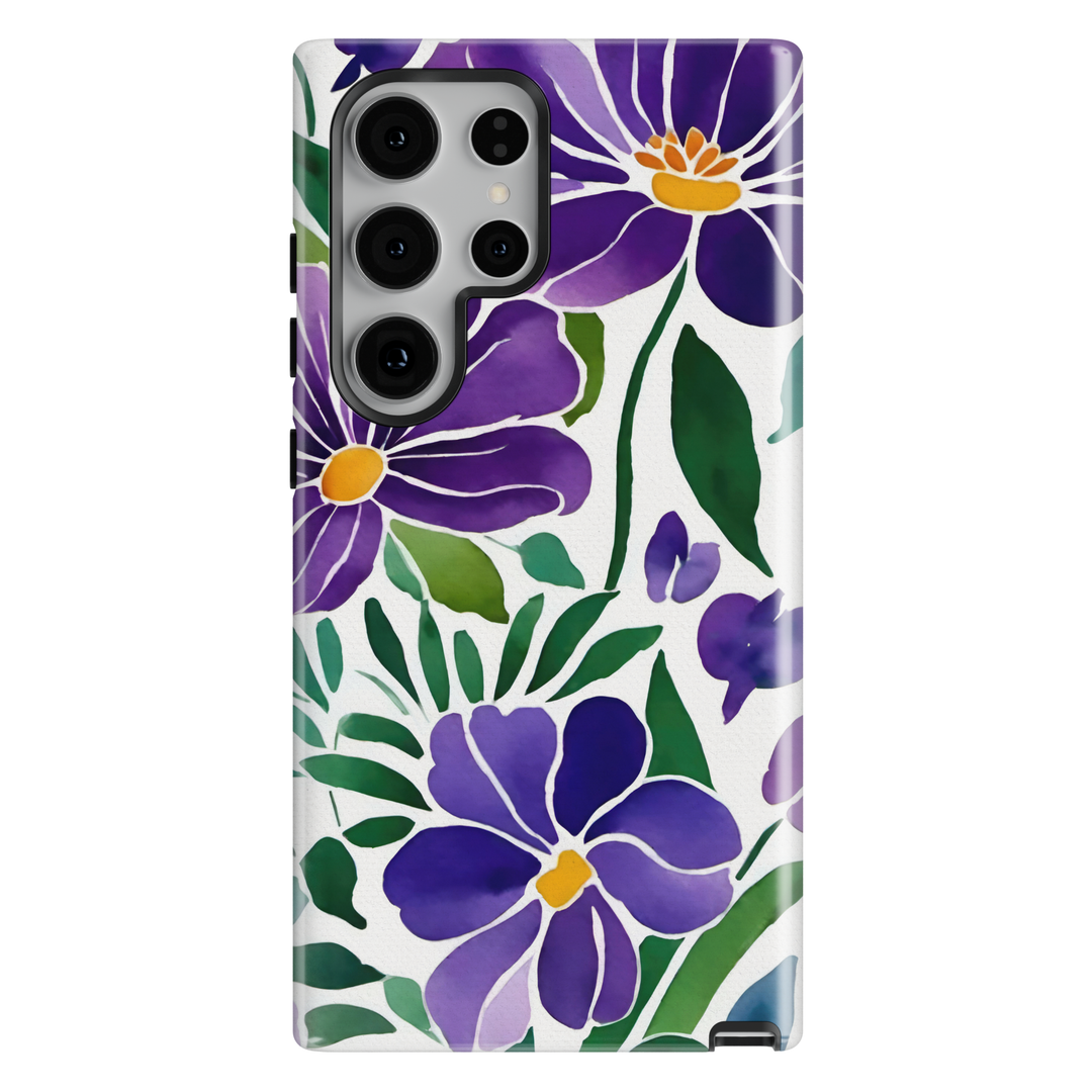 Samsung Galaxy case featuring blue flowers and green botanical leaves in a modern floral pattern.