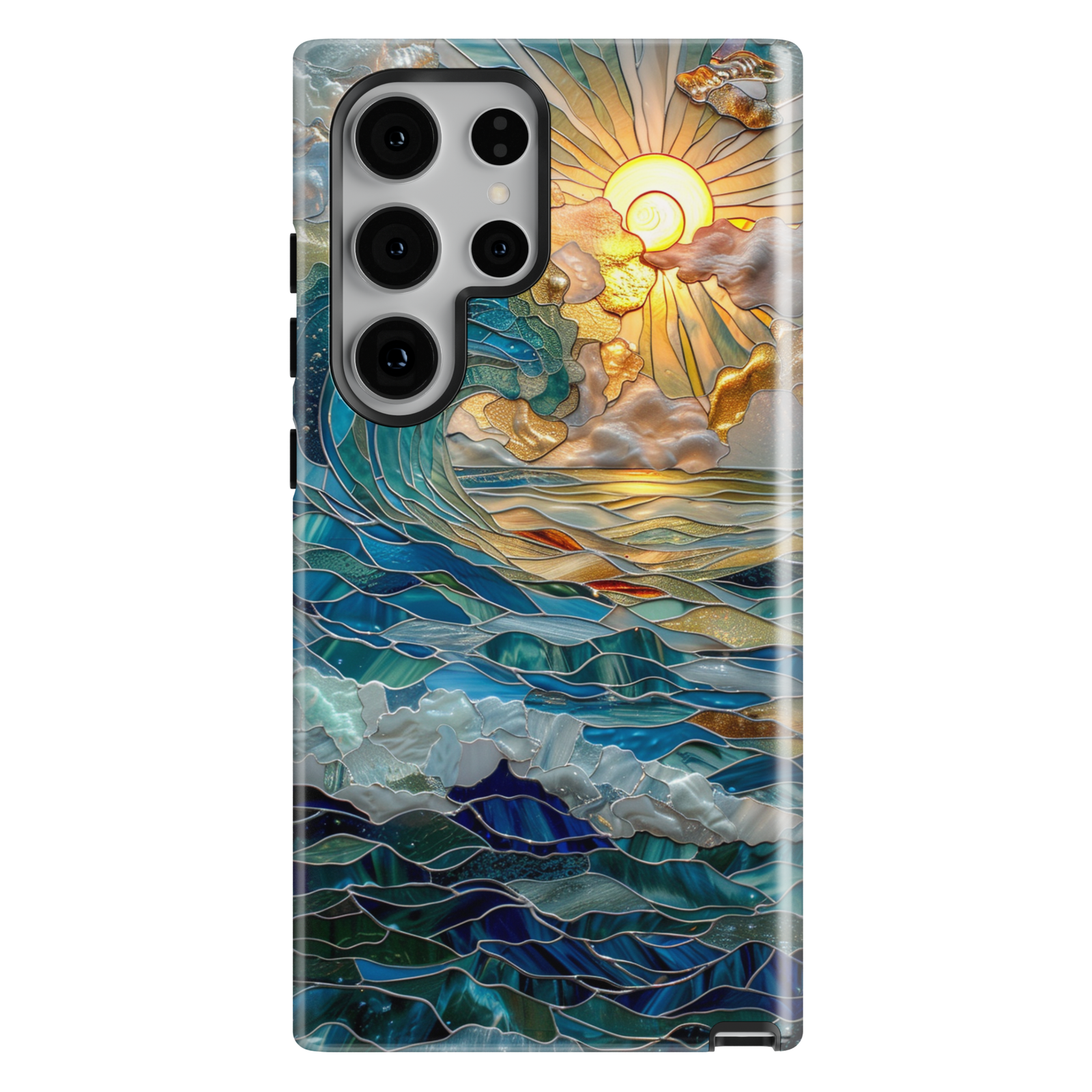Ocean sunrise stained glass art phone case with blue waves and golden sun on a protective iPhone and Samsung Galaxy phone case