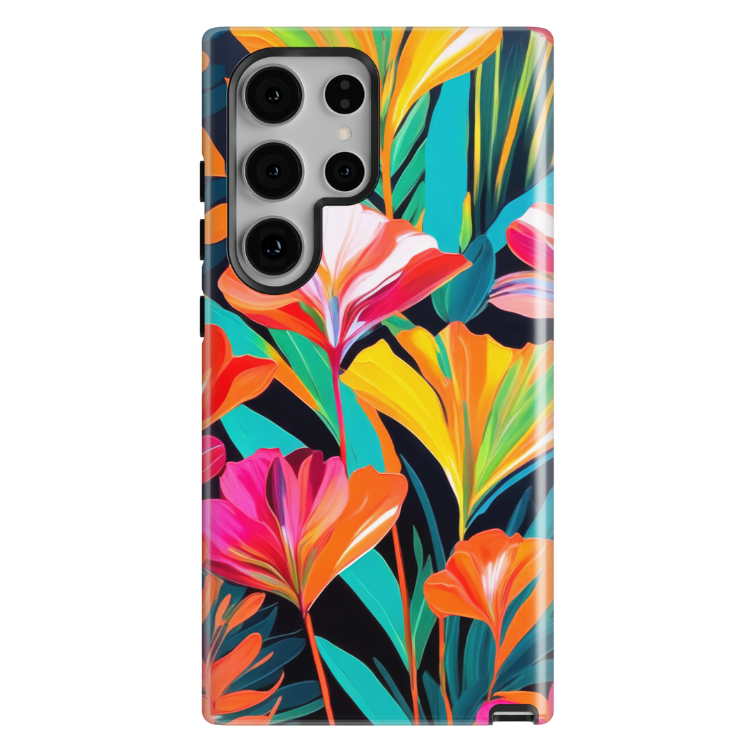 Samsung Galaxy case with vibrant tropical flowers and colorful botanical leaves on a dark background.