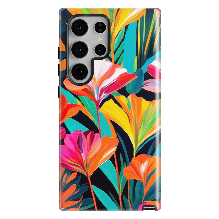 Samsung Galaxy case with vibrant tropical flowers and colorful botanical leaves on a dark background.