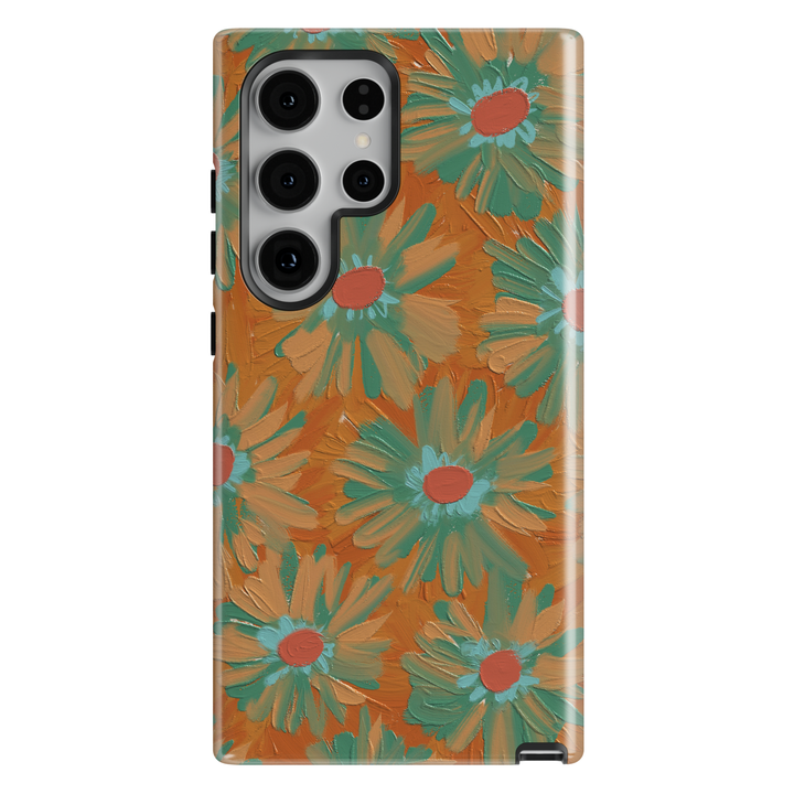 Samsung Galaxy case featuring hand-painted teal daisies on a warm copper floral background.