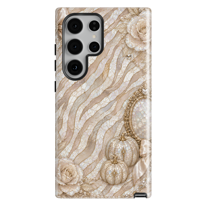 Samsung Galaxy phone case featuring elegant pearl snow leopard print, ivory flowers, champagne gold details, and luxury mosaic design.
