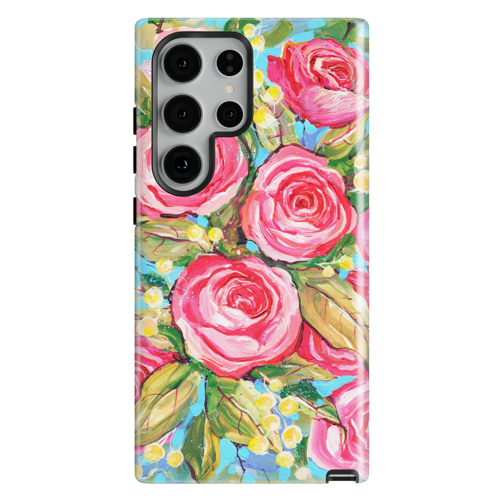 Samsung Galaxy case featuring hand-painted pink roses with colorful floral botanical artwork.