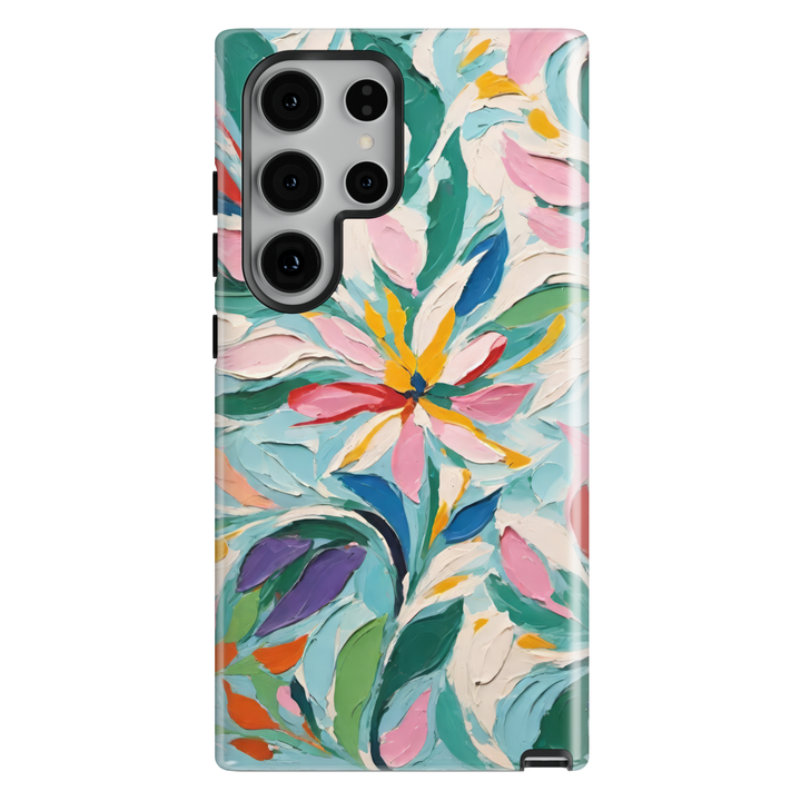 Samsung Galaxy case featuring colorful textured oil-painted flowers with expressive botanical artwork on a soft blue background.