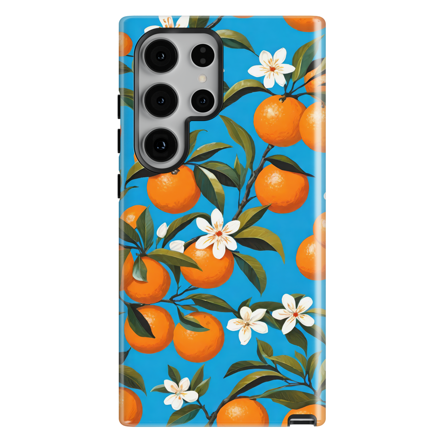 Samsung Galaxy phone case featuring bright oranges, white orange blossoms, green leaves, and a vibrant blue Mediterranean background.