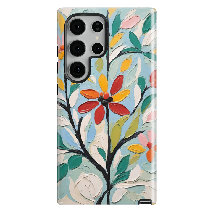 Samsung Galaxy case featuring colorful textured oil-painted flowers with expressive botanical artwork on a soft blue background.
