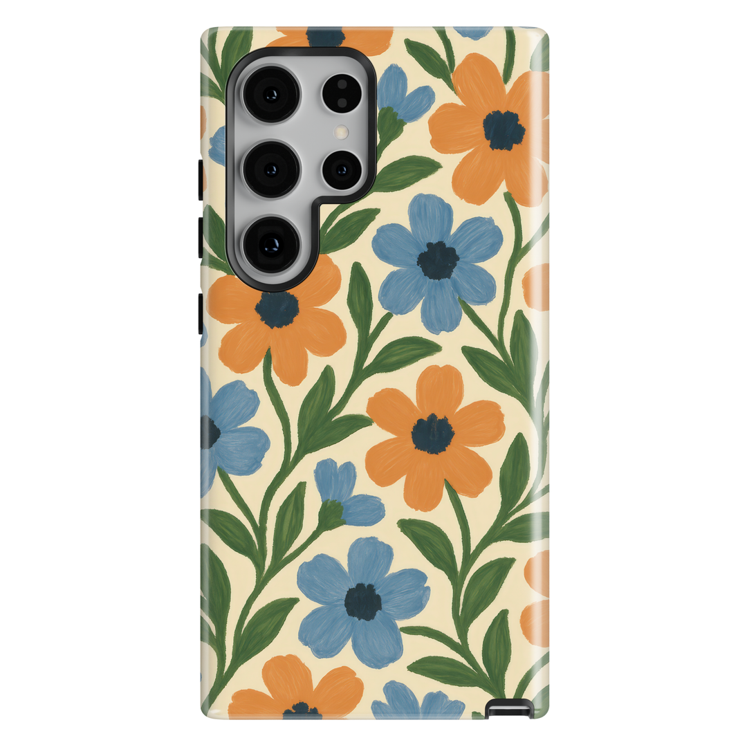Samsung Galaxy case featuring hand-painted blue and orange flowers with green leafy stems in a vintage botanical pattern.