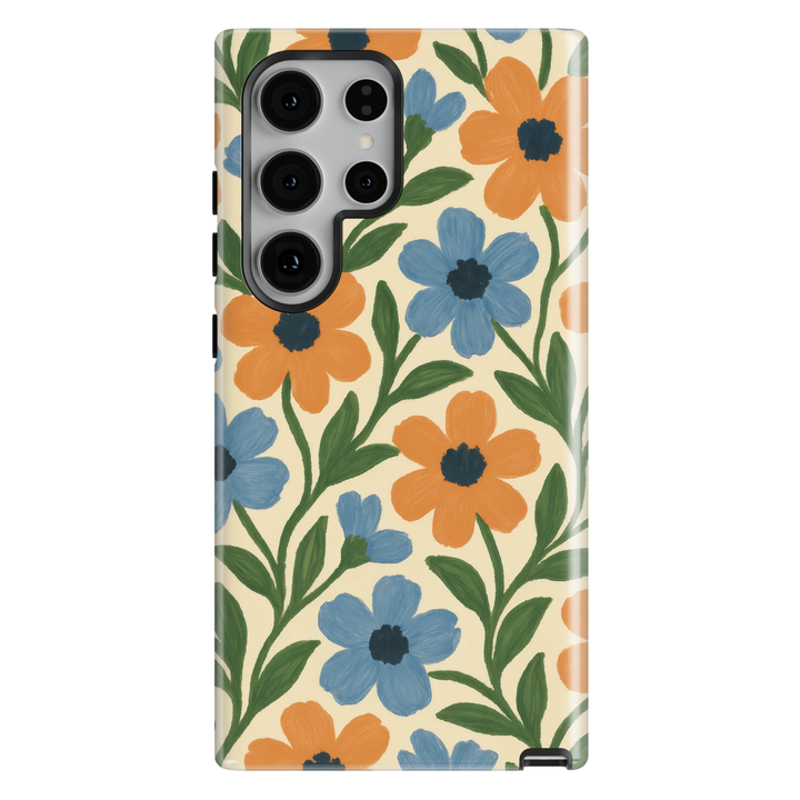 Samsung Galaxy case featuring hand-painted blue and orange flowers with green leafy stems in a vintage botanical pattern.