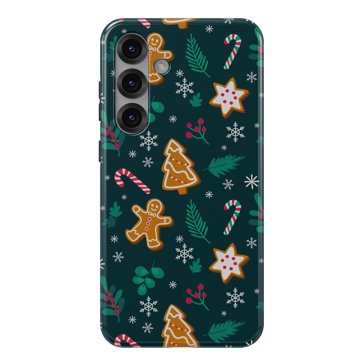 Christmas iPhone case with gingerbread cookies, candy canes, snowflakes, and festive holiday pattern on dark green background