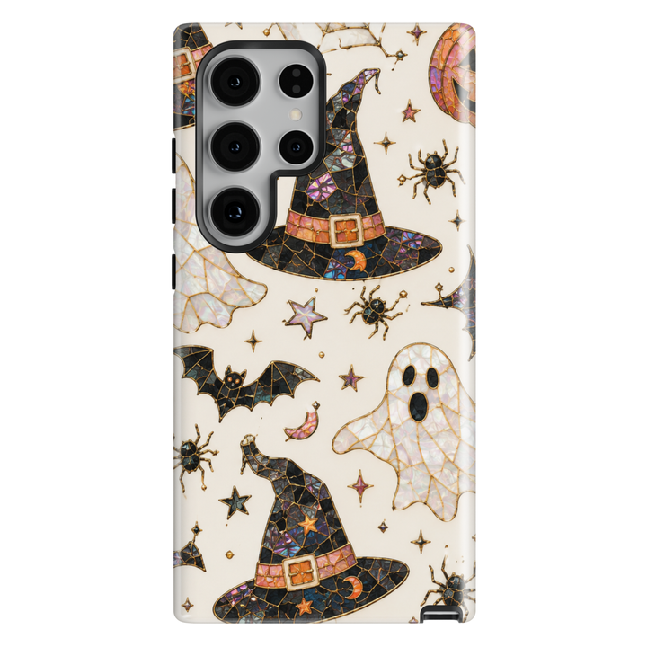 Enchanted Witch Samsung Galaxy case featuring stained glass witch hats, pearl ghosts, bats, spiders, crescent moons and stars.