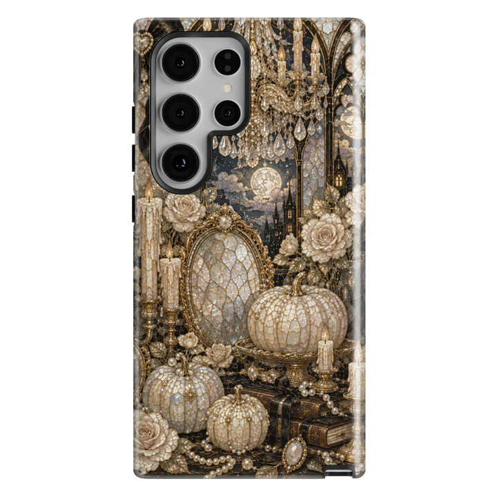 Samsung Galaxy case featuring elegant pearl pumpkins, candles, roses, gothic castle, vintage books, and luxurious Halloween décor.
