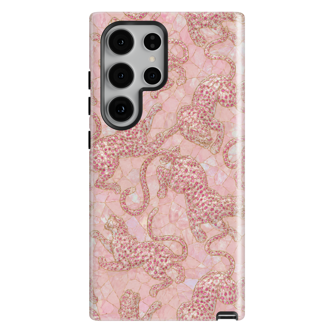Blush Prowl Samsung Galaxy case with pink leopards, gold accents and a blush pearl-inspired mosaic background.