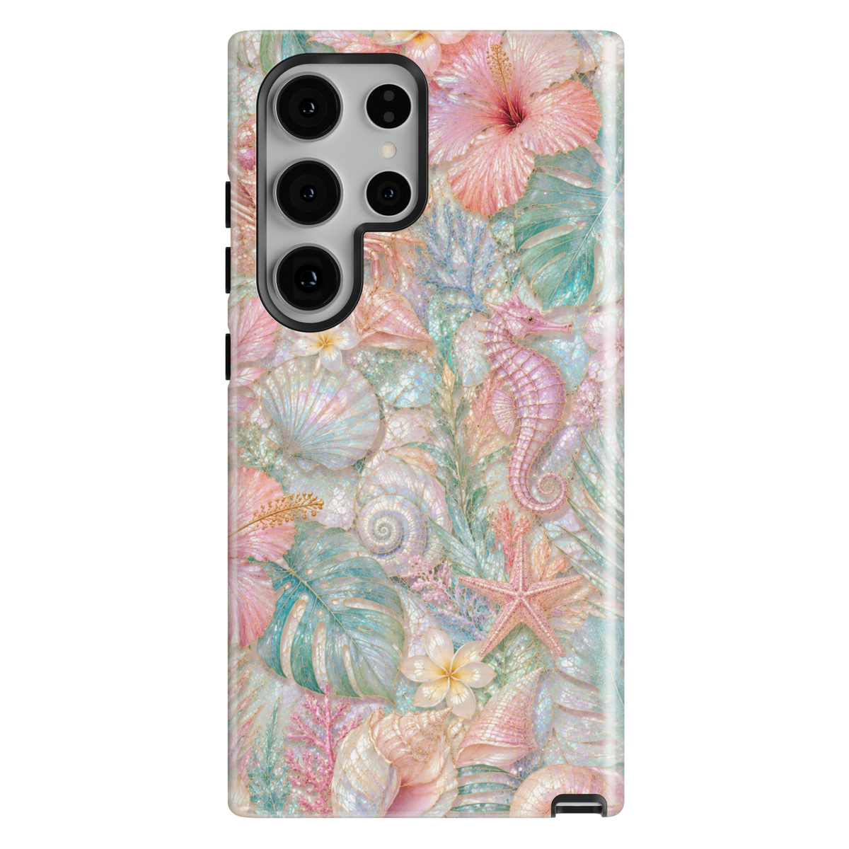 Coastal Samsung Galaxy S26 Ultra phone case with seahorse, seashells, coral reef details, starfish, and pastel beach-inspired artwork.