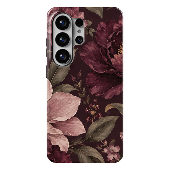 Merlot Garden Samsung Galaxy S26 Ultra case featuring oversized merlot, burgundy and dusty blush flowers with muted olive foliage on a deep wine background, an elegant moody botanical tough Samsung Galaxy floral phone case.