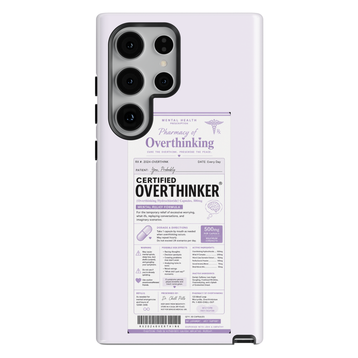 Funny lavender Samsung Galaxy case featuring a parody Certified Overthinker prescription label with humorous pharmacy-inspired artwork.