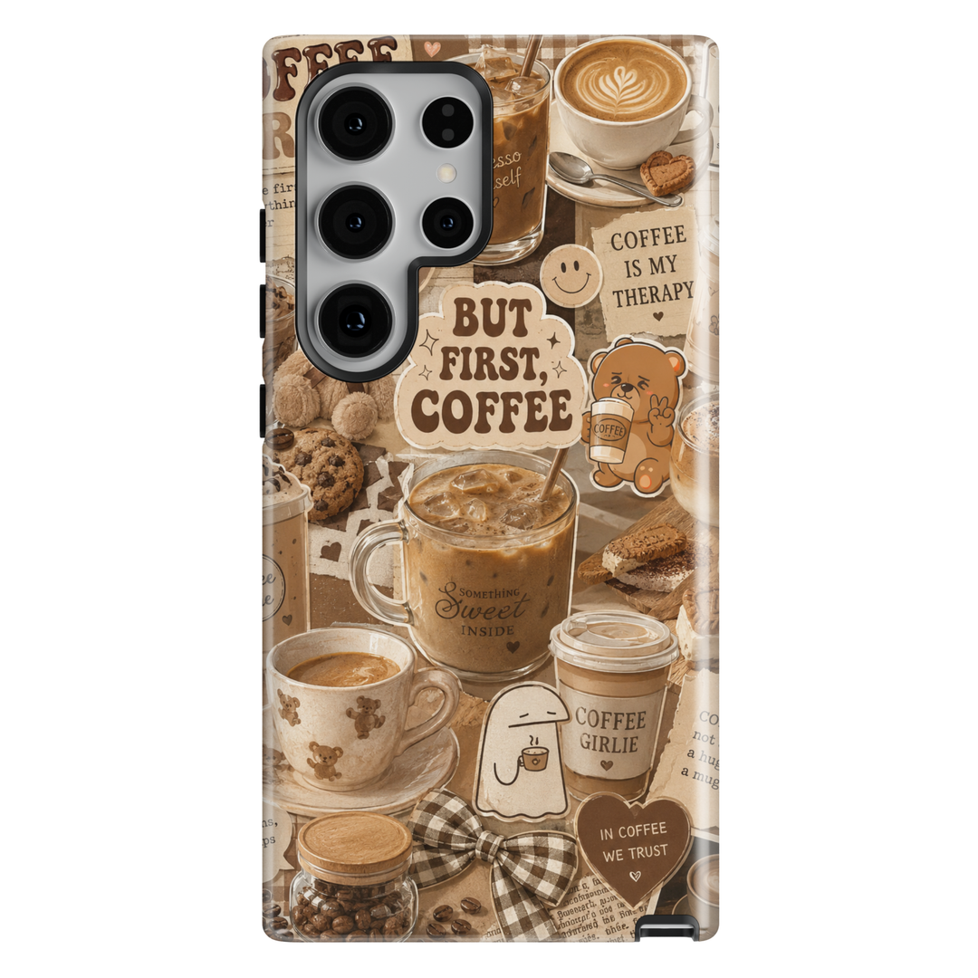 Cute Samsung Galaxy S26 Ultra coffee aesthetic case featuring latte drinks, cafe desserts, and cozy neutral artwork.