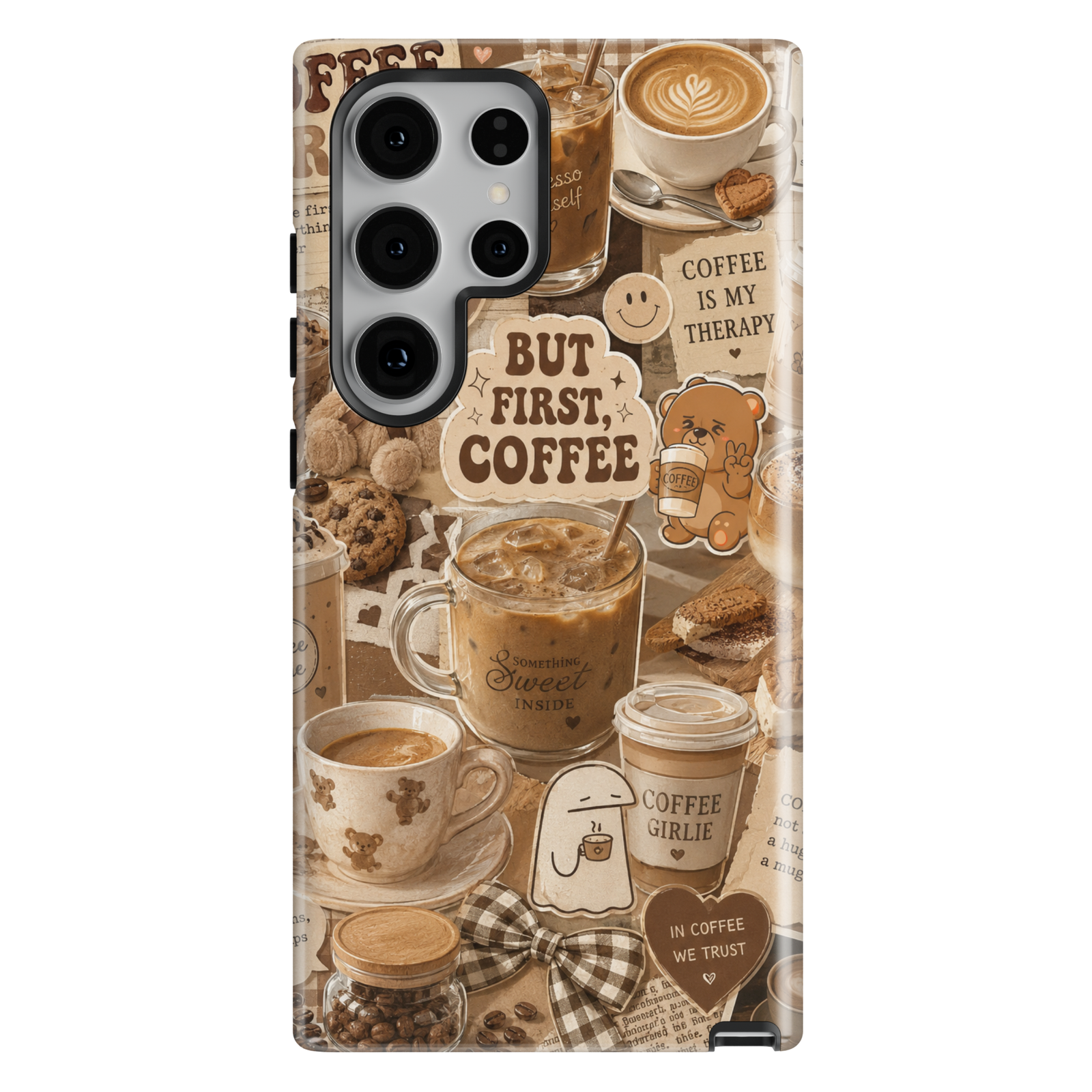Cute Samsung Galaxy S26 Ultra coffee aesthetic case featuring latte drinks, cafe desserts, and cozy neutral artwork.