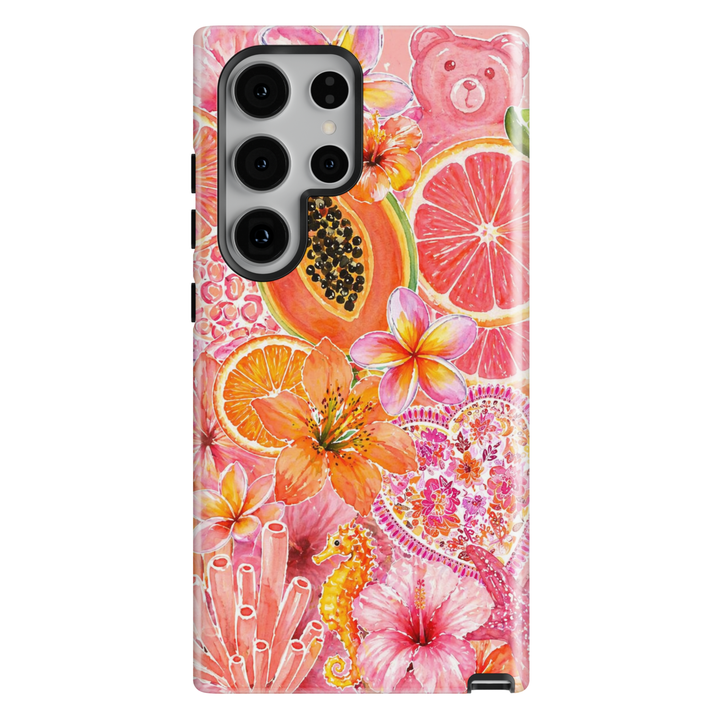 Tropical fruit floral Samsung Galaxy S26 Ultra case with papaya, citrus, hibiscus flowers and pink summer aesthetic protective case.