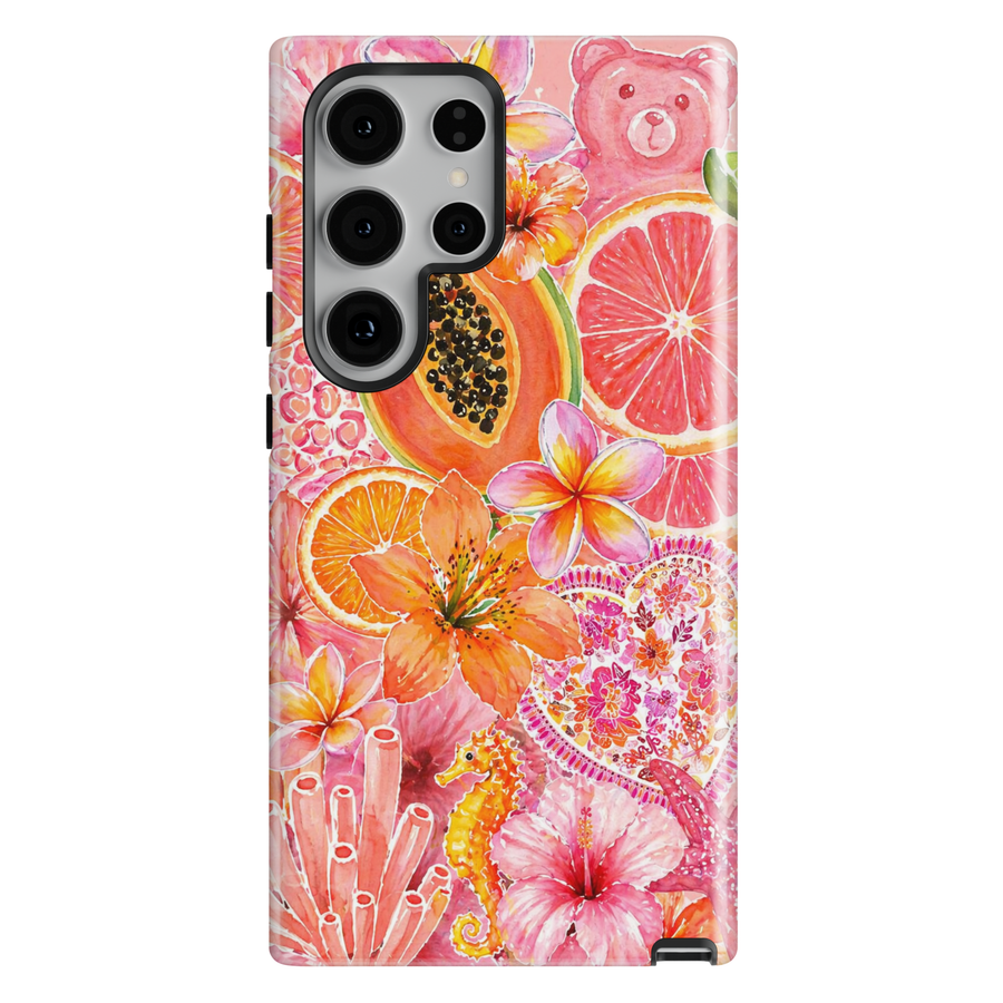 Tropical fruit floral Samsung Galaxy S26 Ultra case with papaya, citrus, hibiscus flowers and pink summer aesthetic protective case.