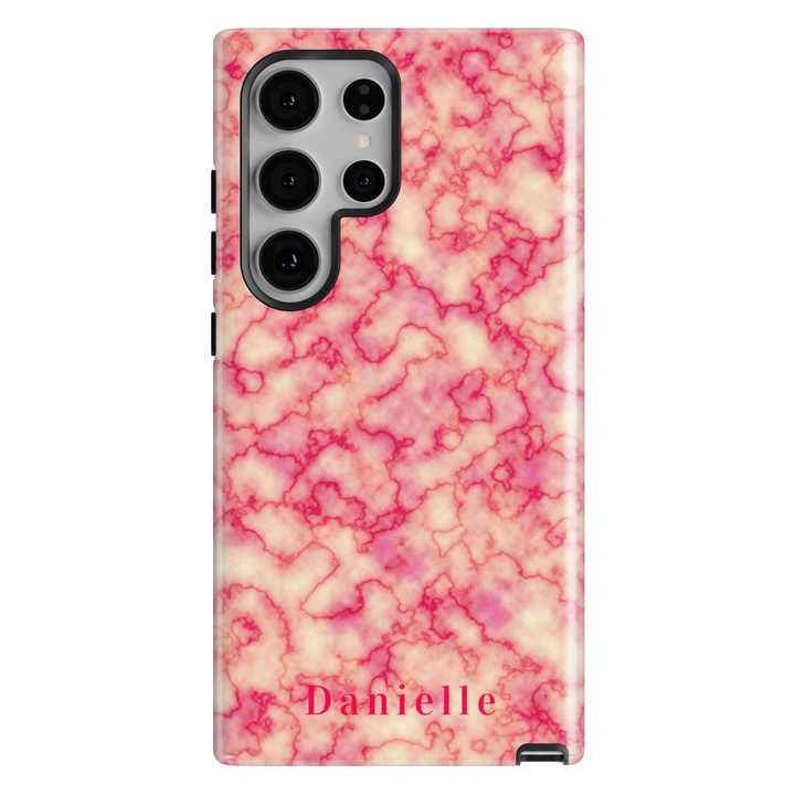 Personalized pink marble phone case with custom name Danielle, glossy girly design for iPhone and Samsung Galaxy