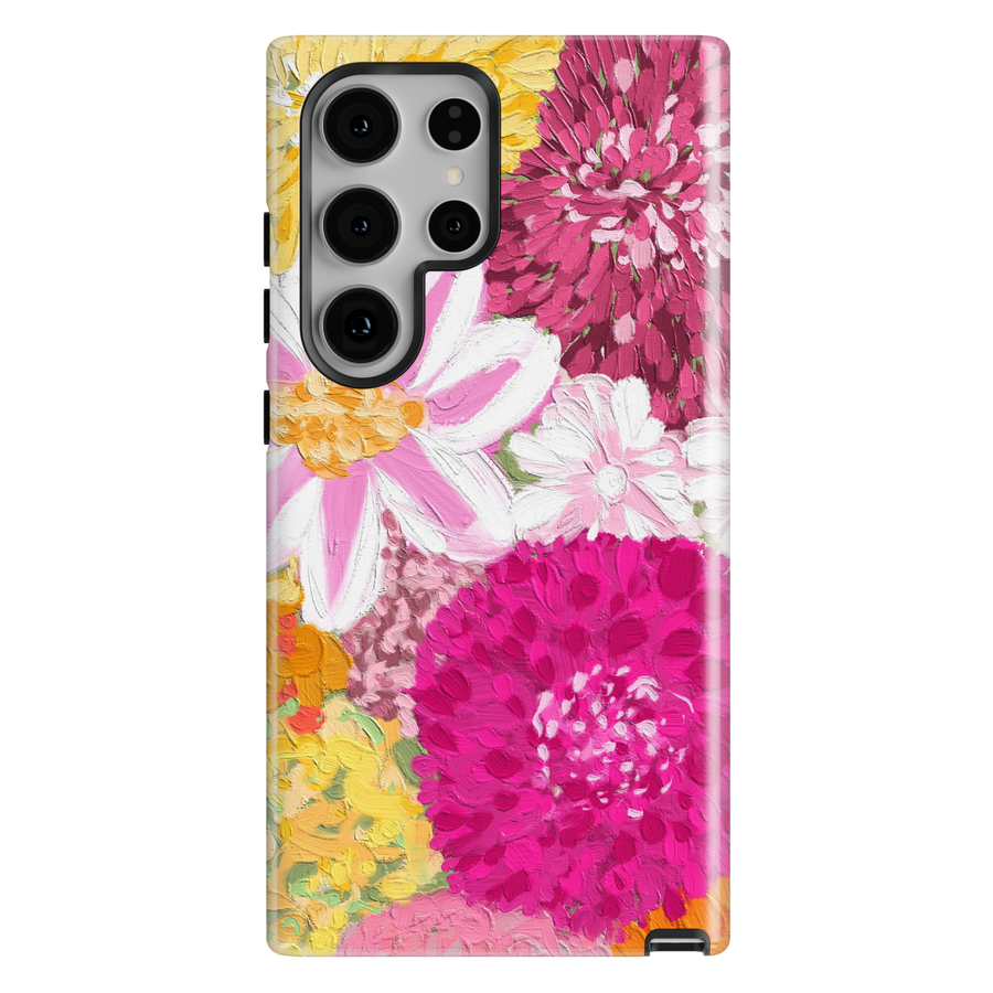 Pink floral painting phone case with bold flower design aesthetic girly case for iPhone 17 Pro Max and Samsung Galaxy S26 Ultra.