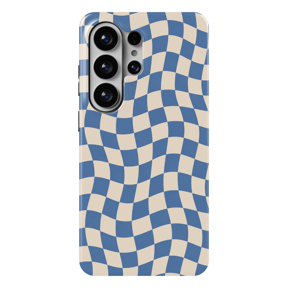 Blue Mirage Samsung Galaxy S26 Ultra case featuring a warped blue and warm cream checkerboard pattern with flowing wavy squares, a modern preppy Galaxy S26 Ultra tough phone case and aesthetic checkered Samsung case for Galaxy S26, S26 Plus and S26 Ultra.