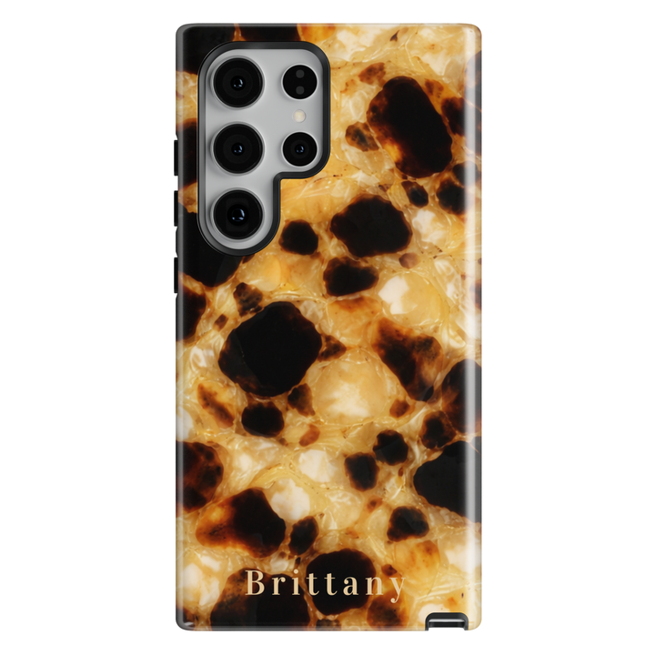 Personalized tortoiseshell phone case with custom name Brittany, glossy brown girly design for iPhone and Samsung Galaxy