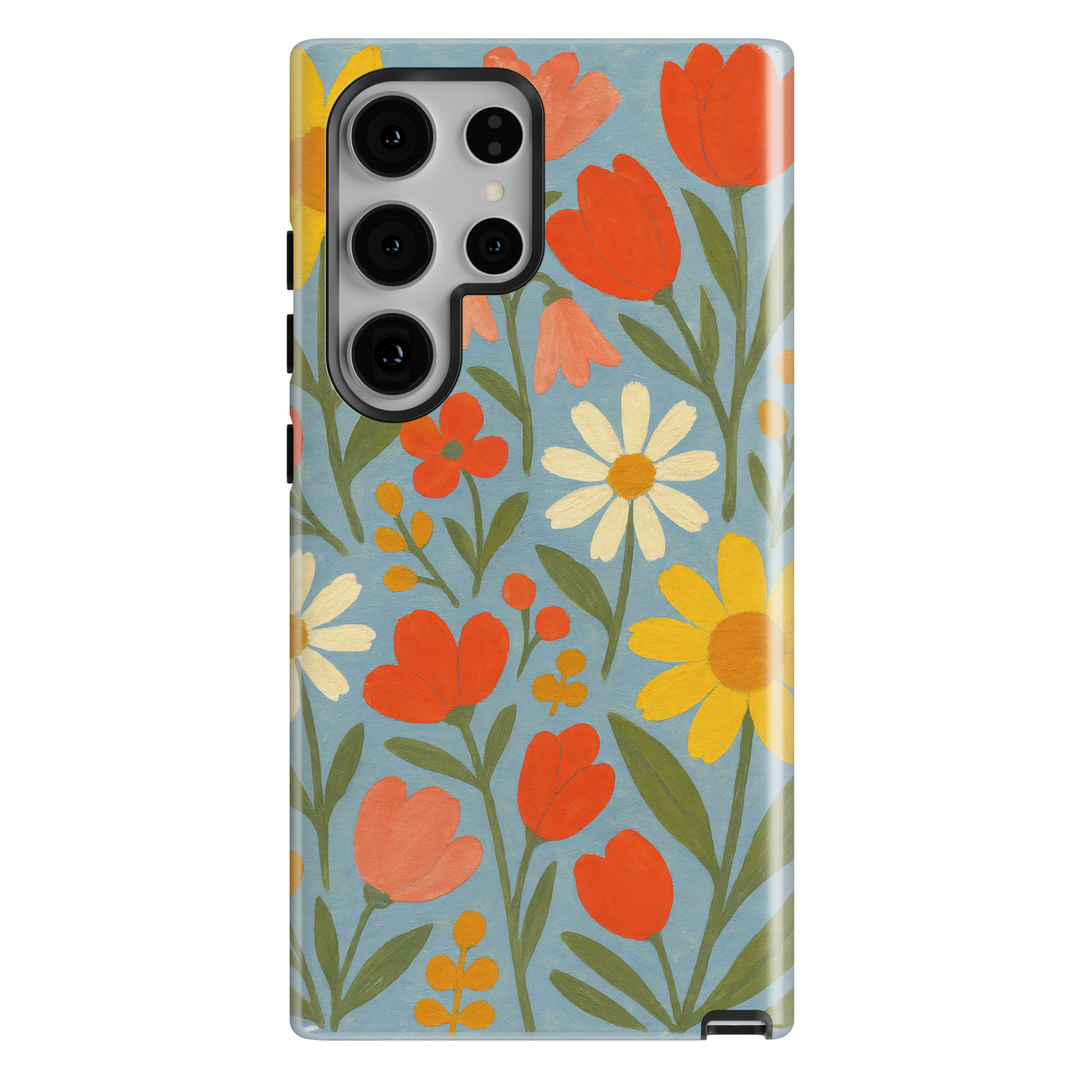 Samsung Galaxy case with retro hand-painted daisies, tulips, and colorful floral folk art on a soft blue background.