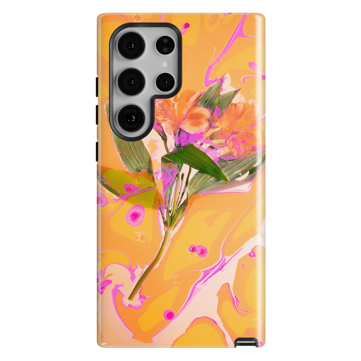 Samsung Galaxy case featuring a vibrant abstract orange flower with yellow and pink marbled botanical artwork.