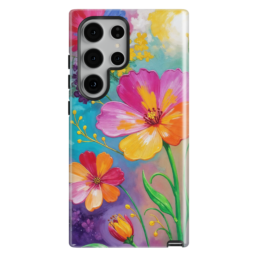 Samsung Galaxy case with colorful hand-painted flowers featuring vibrant pink, orange, yellow, and purple botanical artwork.