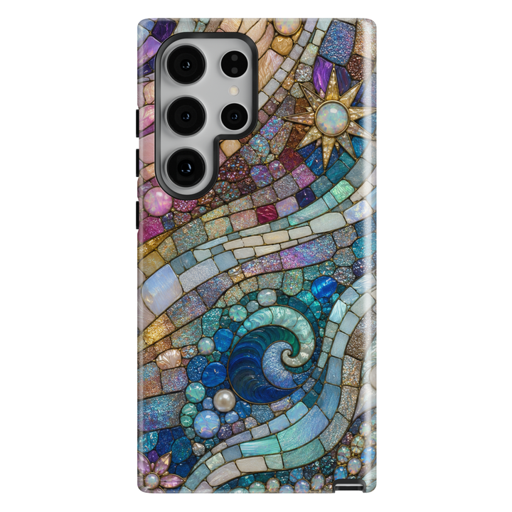 Samsung Galaxy case featuring an elegant stained glass ocean wave mosaic with pearls, blue coastal colors, and abstract sea-inspired artwork.