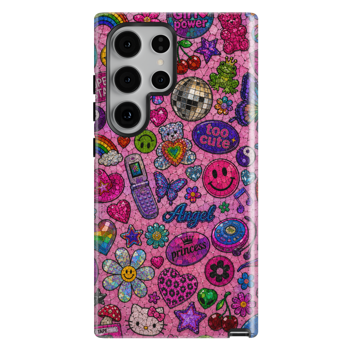 Cute pink Samsung Galaxy case featuring colorful Y2K sticker aesthetic with smiley faces, butterflies, flowers, hearts, cherries, and retro icons.