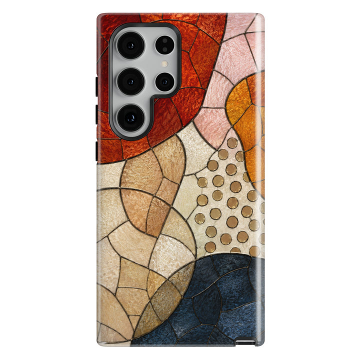Abstract Samsung Galaxy case featuring geometric mosaic artwork in warm neutral earth tones with navy accents.