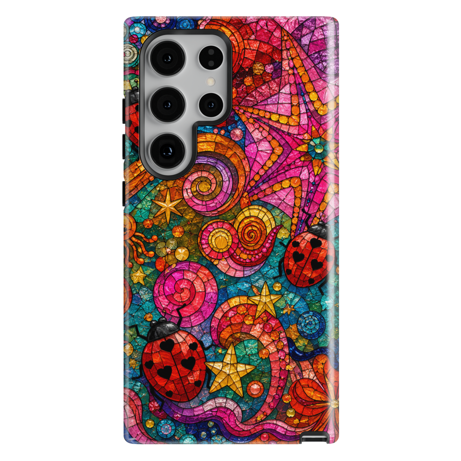 Colorful Samsung Galaxy case featuring ladybugs, stained glass mosaic artwork, vibrant swirls, and whimsical stars.