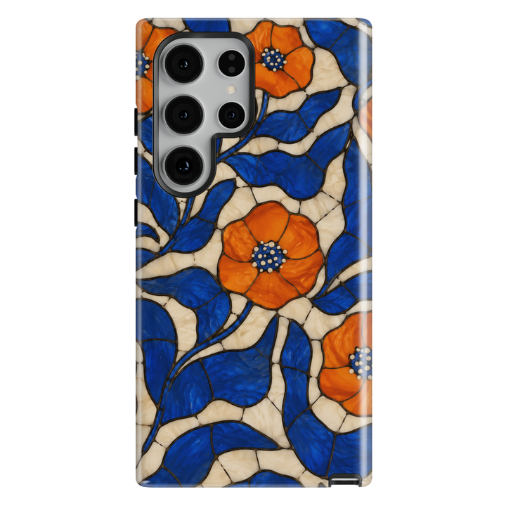 Samsung Galaxy phone case featuring cobalt blue stained glass leaves with vibrant orange poppy flowers and elegant mosaic artwork.