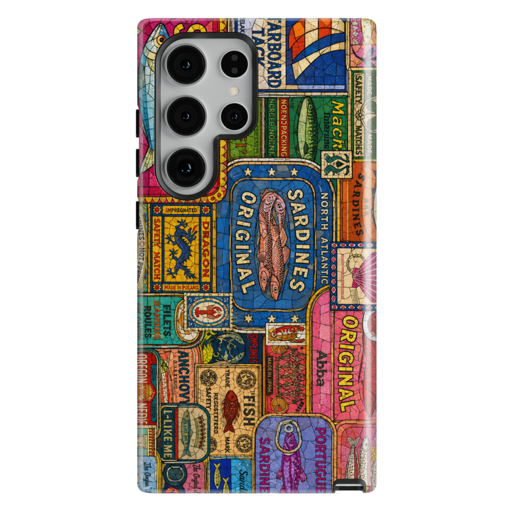 Vintage sardine tin Samsung Galaxy case featuring colorful retro seafood labels and coastal collage artwork.