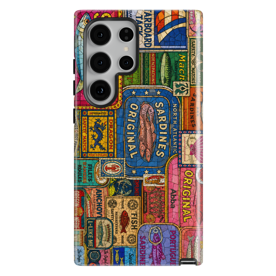 Vintage sardine tin Samsung Galaxy case featuring colorful retro seafood labels and coastal collage artwork.