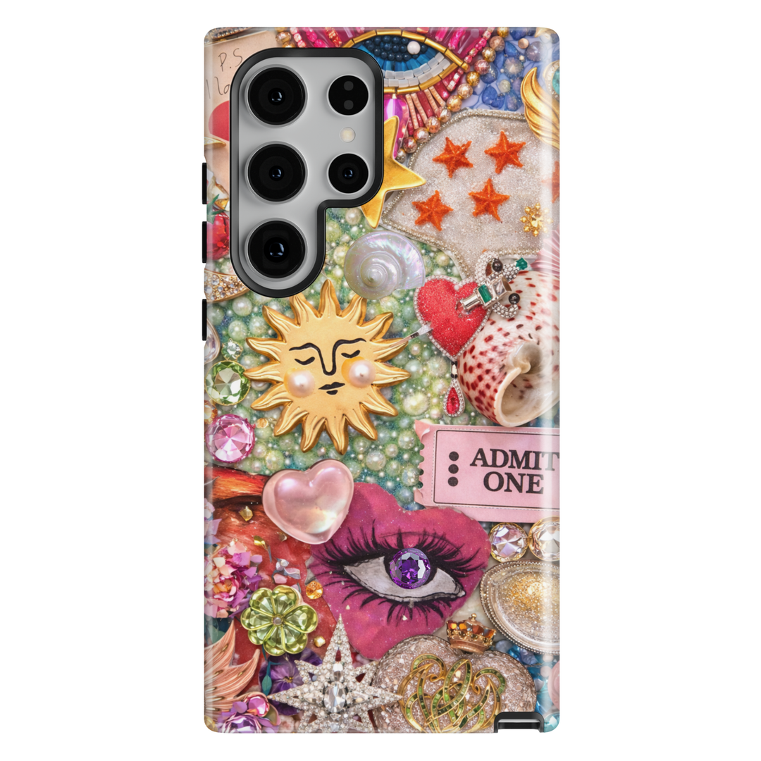 Y2K aesthetic collage phone case with vintage jewelry charms, glam eye art and eclectic details for iPhone 16 Pro Max and Samsung Galaxy S25 Ultra