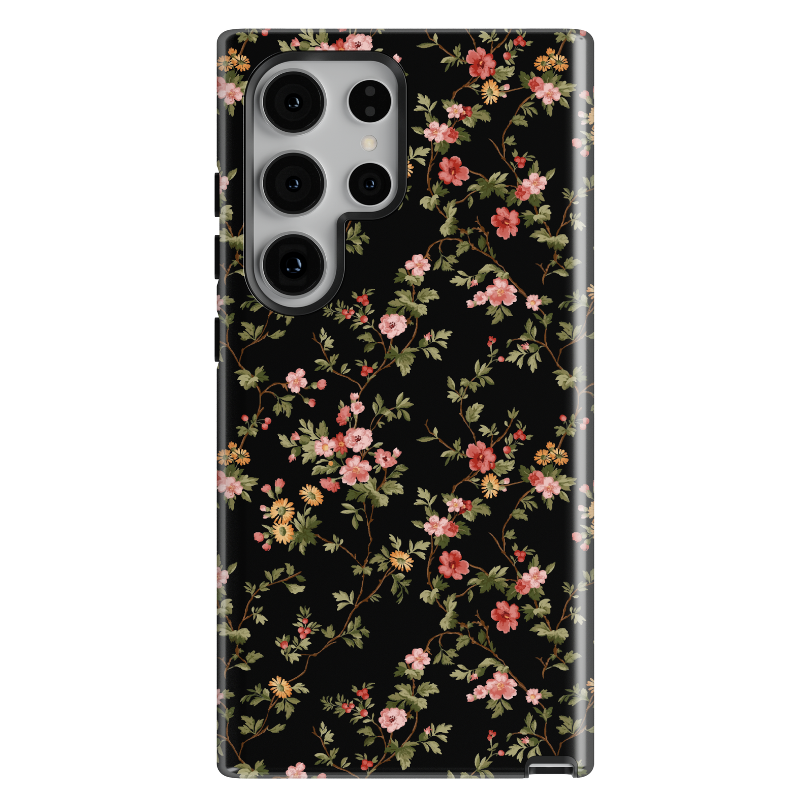Elegant black floral Samsung Galaxy S26 case with vintage botanical flower pattern protective tough case for Samsung Galaxy S26 Ultra, Galaxy S26 Plus, Galaxy S25 Ultra, Galaxy S25 Plus dark floral aesthetic case