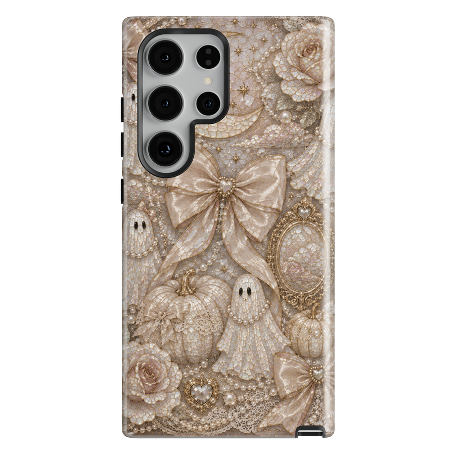 Samsung Galaxy phone case featuring pearl ghost, ivory pumpkins, satin bows, pearls, vintage mirror, and elegant coquette Halloween design.