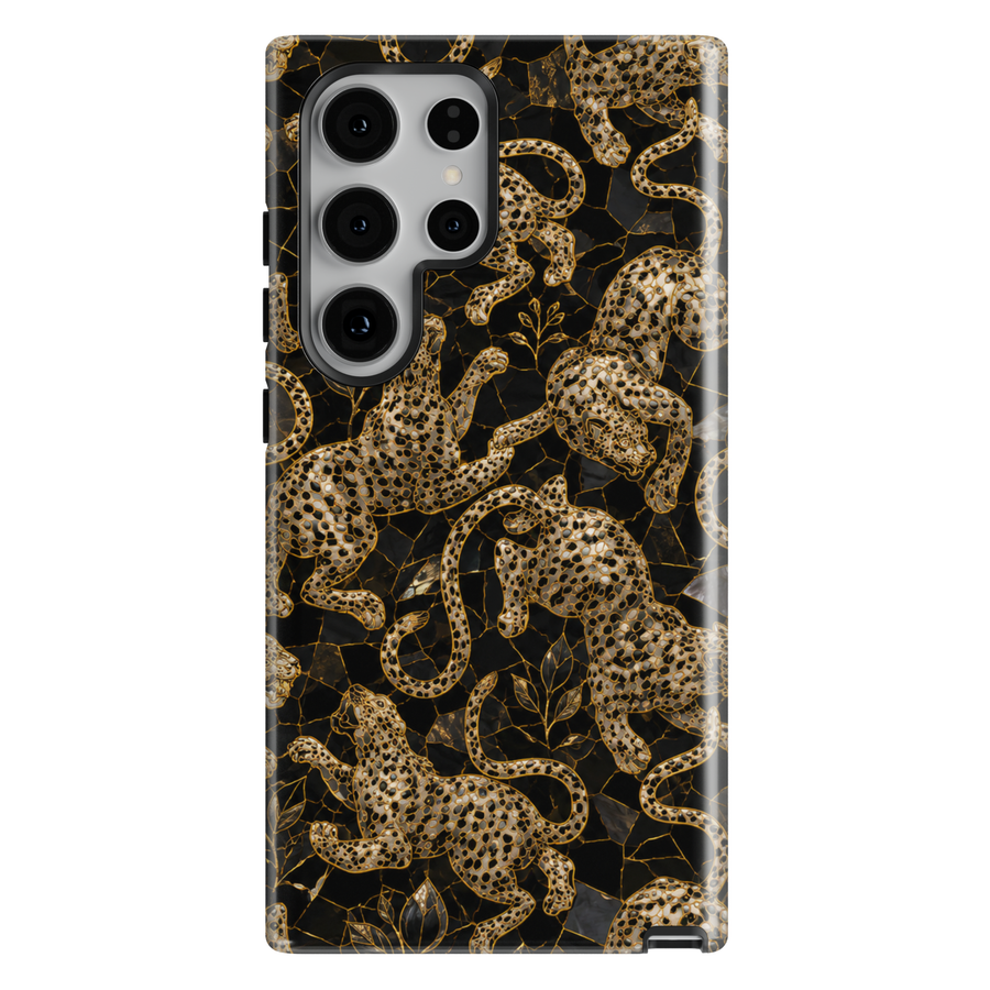 Golden Prowl Samsung Galaxy case featuring ornate gold leopards and botanical details on a black background.