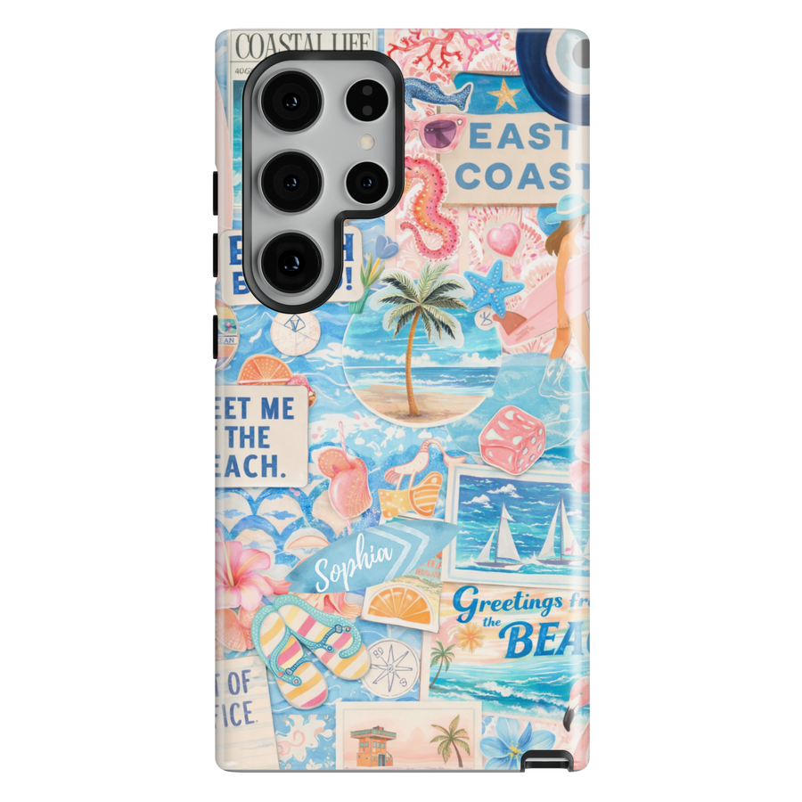 Beach aesthetic collage phone case with ocean, palm trees, and summer elements for iPhone 17 Pro Max and Samsung Galaxy S26 Ultra.