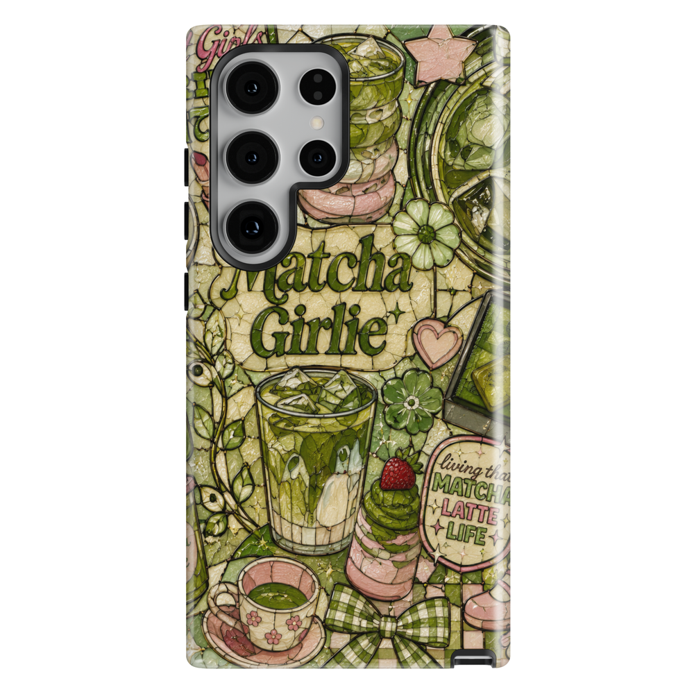 Cute Samsung Galaxy S26 Ultra case featuring matcha latte drinks, cafe desserts, and green tea aesthetic illustrations.