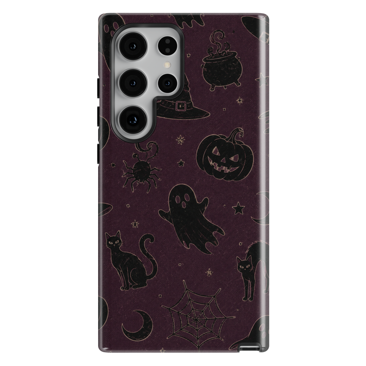 Midnight Witchery Samsung Galaxy case featuring ghosts, black cats, pumpkins, witch hats, cauldrons, spiders and crescent moons on dark plum.