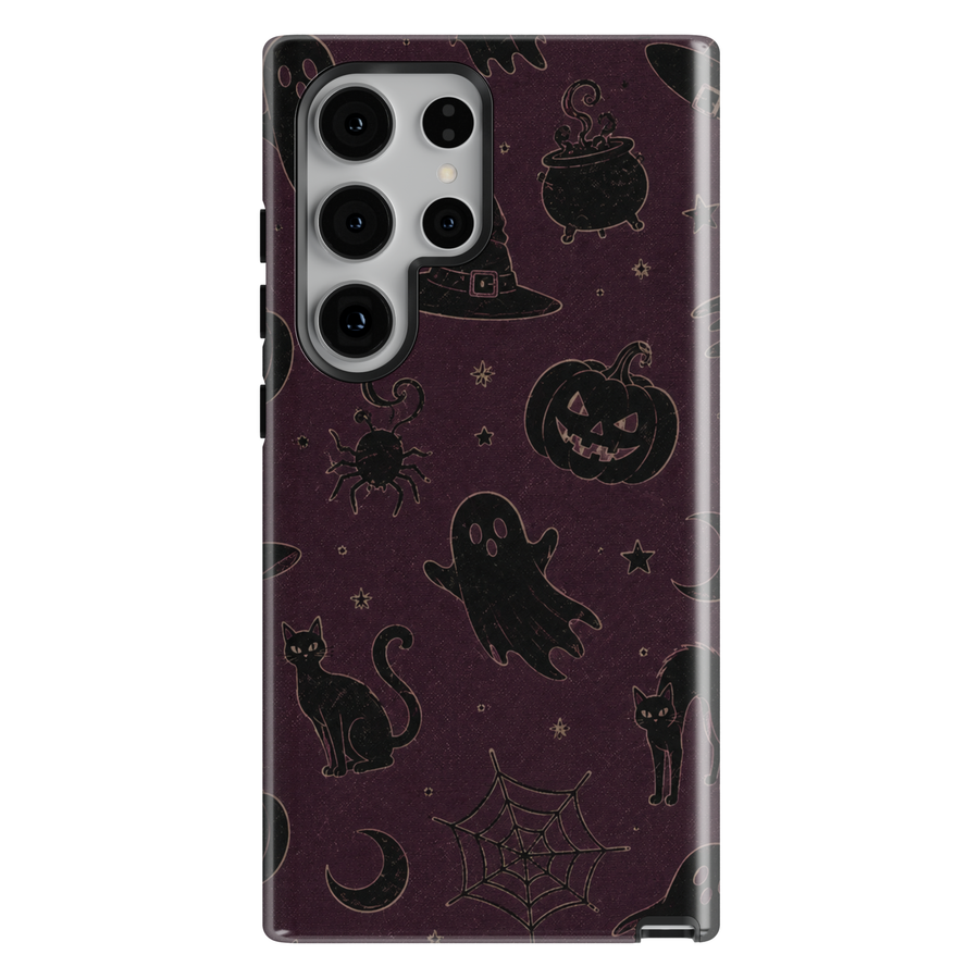 Midnight Witchery Samsung Galaxy case featuring ghosts, black cats, pumpkins, witch hats, cauldrons, spiders and crescent moons on dark plum.