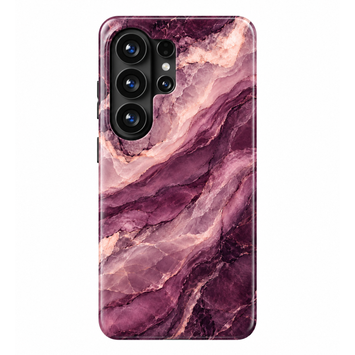 CASELIX Plum Mirage Samsung Galaxy case with glossy plum purple, mauve and blush pink marble bands and delicate peach-colored veining.