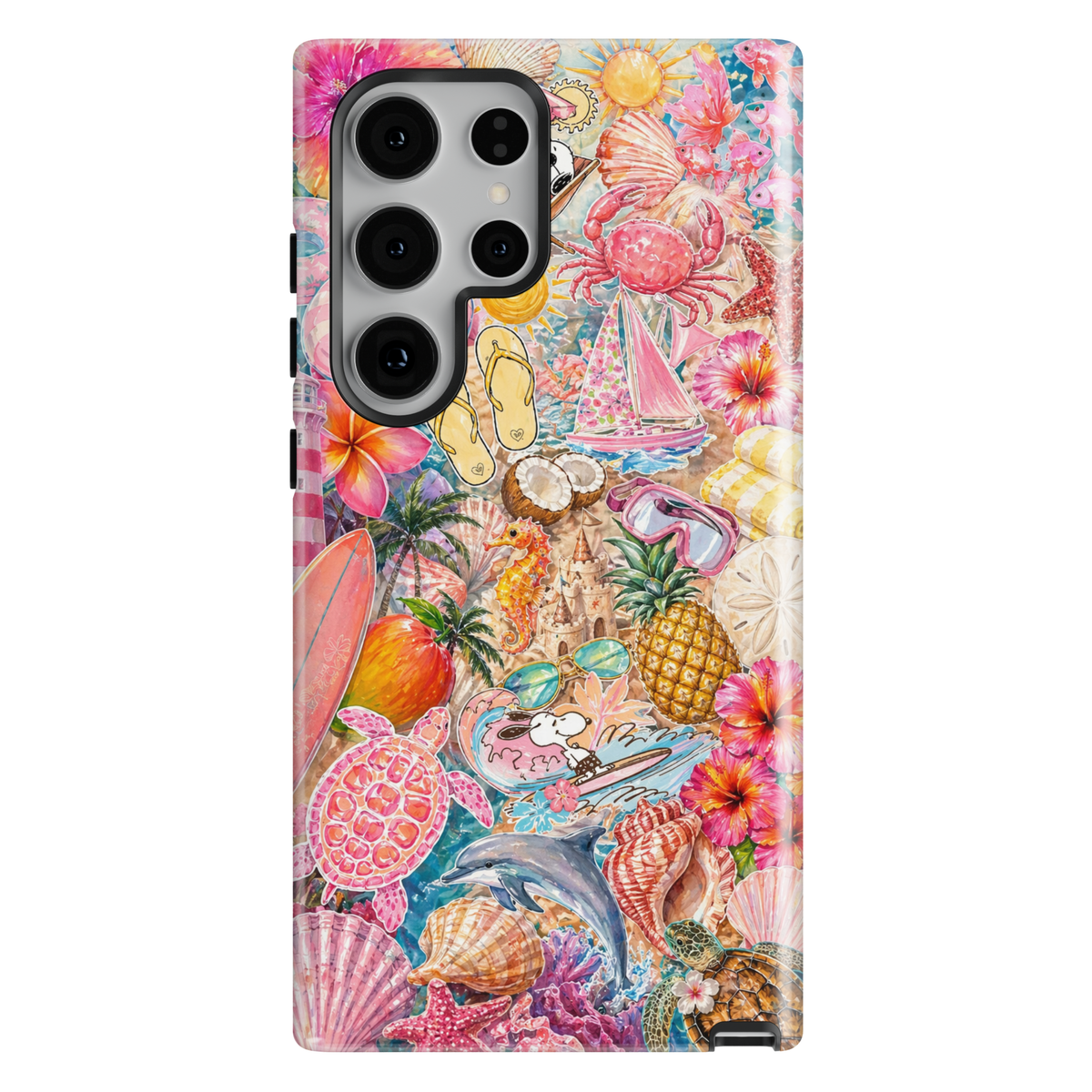 Summer beach Samsung Galaxy S26 Ultra case with tropical collage design featuring seashells, fruits, ocean and vibrant coastal elements.