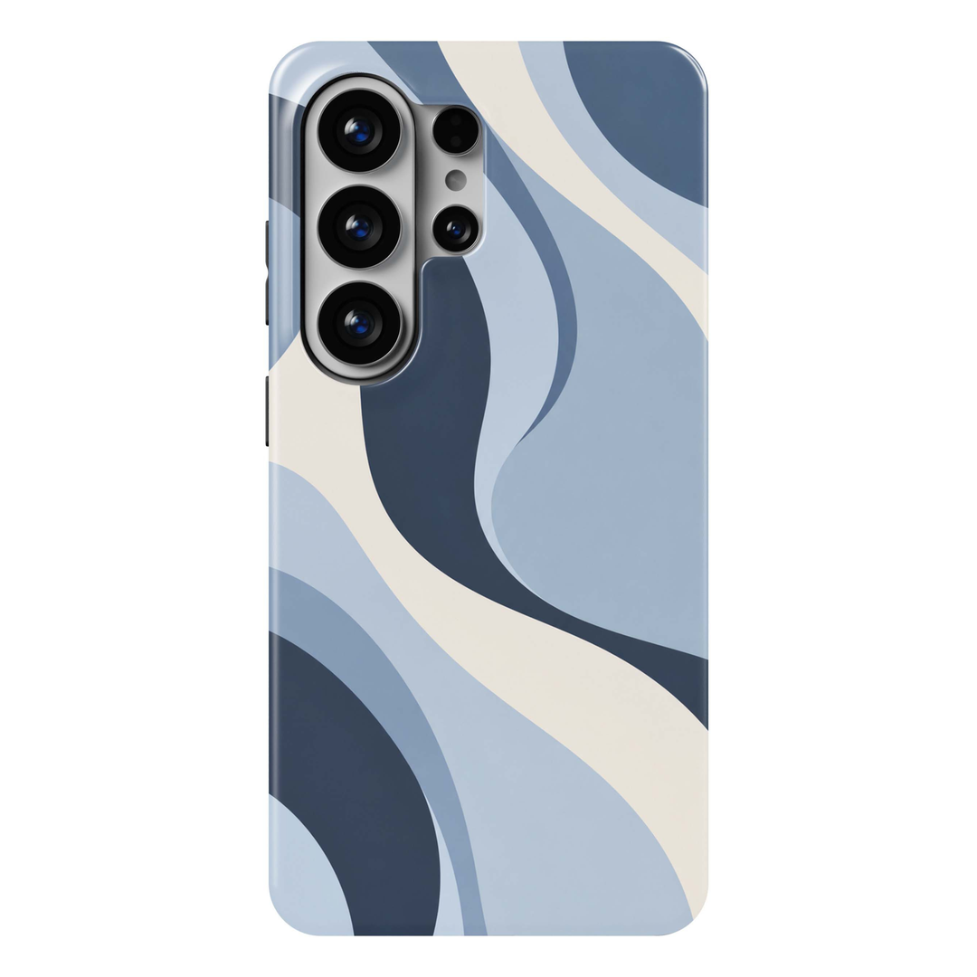 Blue Horizon Samsung Galaxy S26 Ultra case featuring flowing abstract waves in powder blue, slate blue, deep navy and warm cream, a modern minimalist Galaxy S26 Ultra tough phone case with retro wavy design for Samsung Galaxy S26, S26 Plus and S26 Ultra.